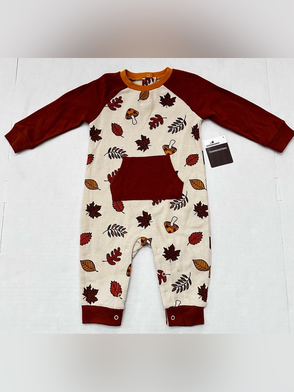 Baby Thanksgiving Fall Leaf Mushroom Long Sleeve Romper Size 6/9 Months